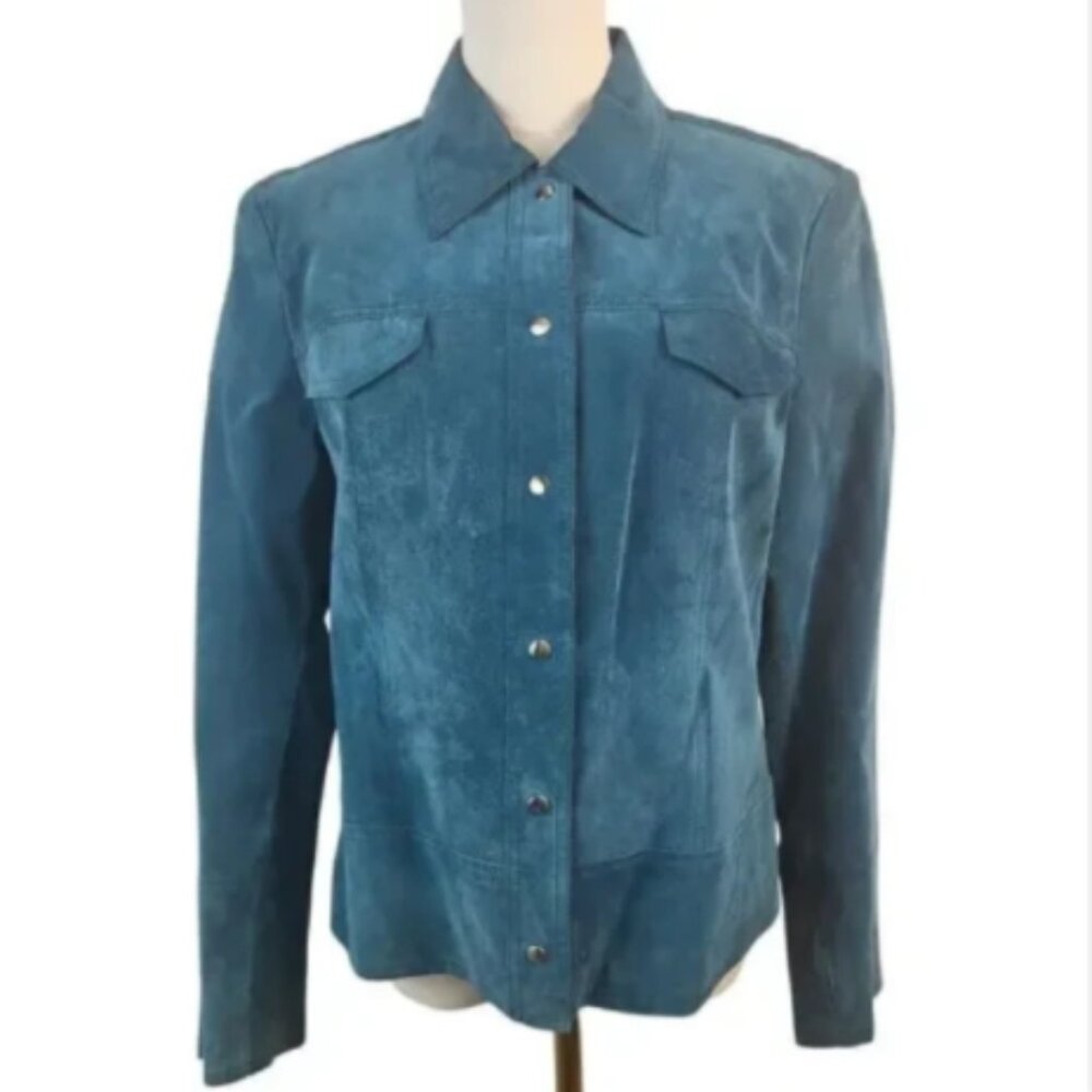 Valerie Stevens Medium Teal Blue Suede Leather Short Jacket Lined Snap Close - Picture 2 of 16